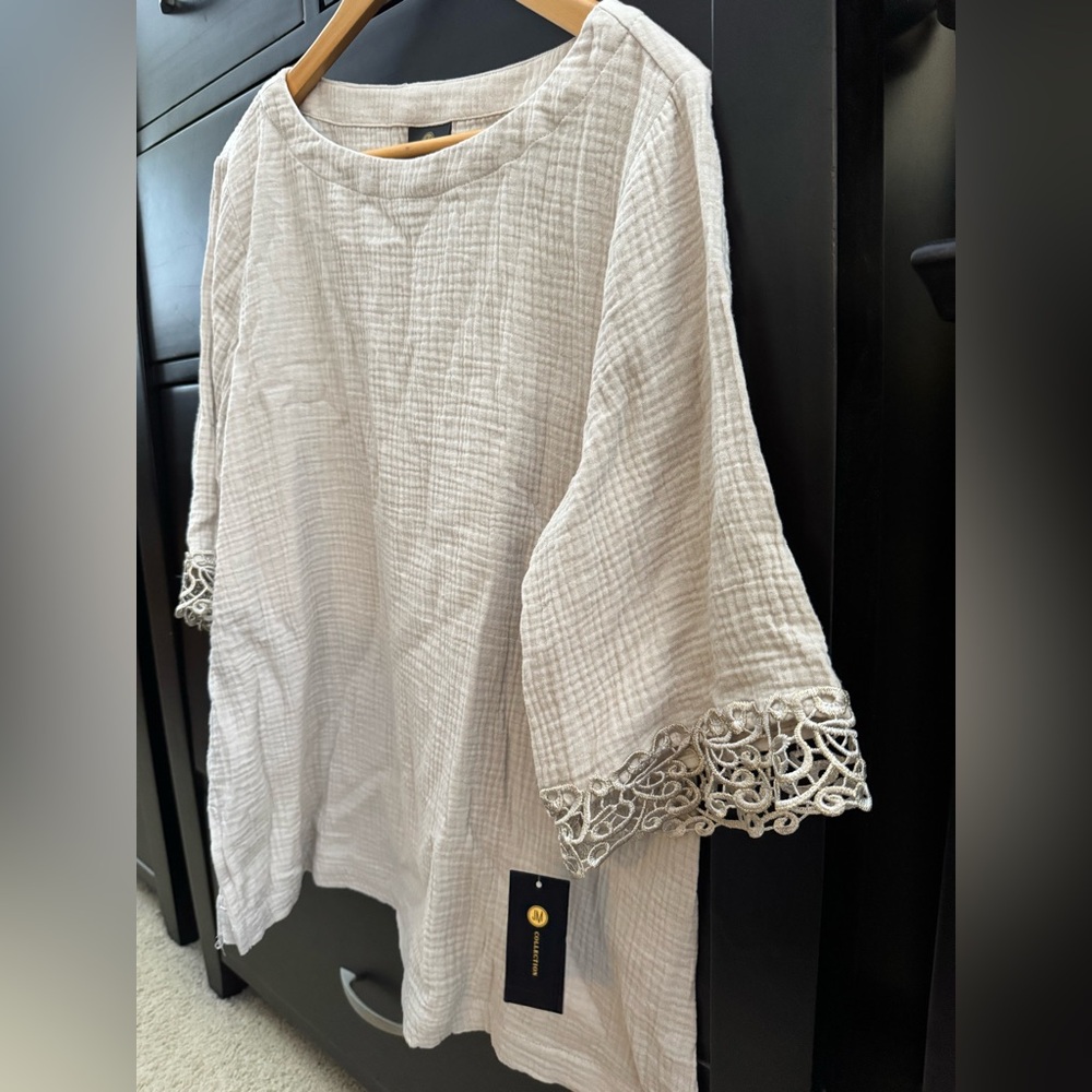 Women's 100% Cotton Blouse with Lace Trim by JM COLLECTION Size M NWT